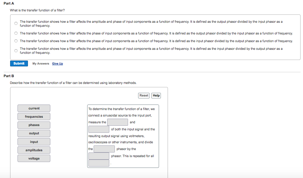 Solved Part A What is the transfer function of a filter? o | Chegg.com