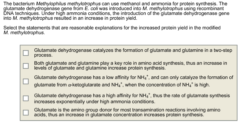 Question: The bacterium Methylophilus methylotrophus can use methanol and ammonia for protein synthesis. Th...