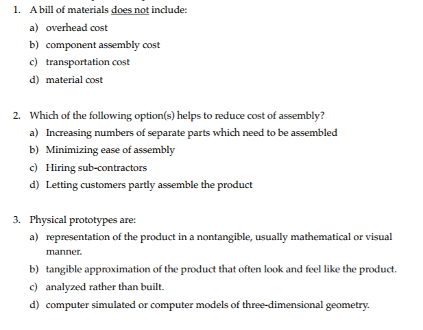Solved A bill of materials does not include: a) overhead | Chegg.com