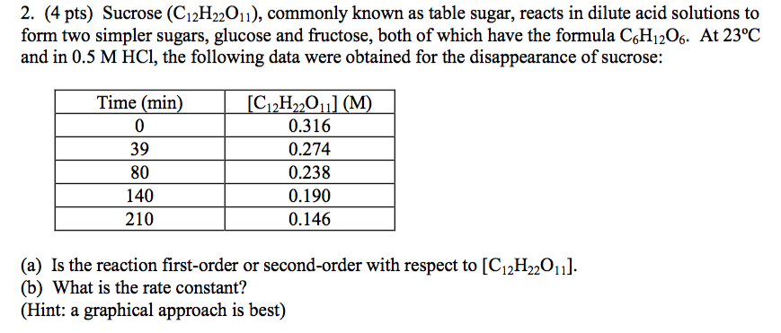 Question: 2. (4 pts) Sucrose (C12H22011), commonly known as table sugar, reacts in dilute acid solutions to...