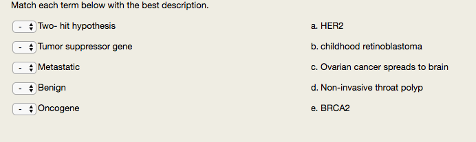 Question: Match each term below with the best description. Two-hit hypothesis Tumor suppressor gene Meta...