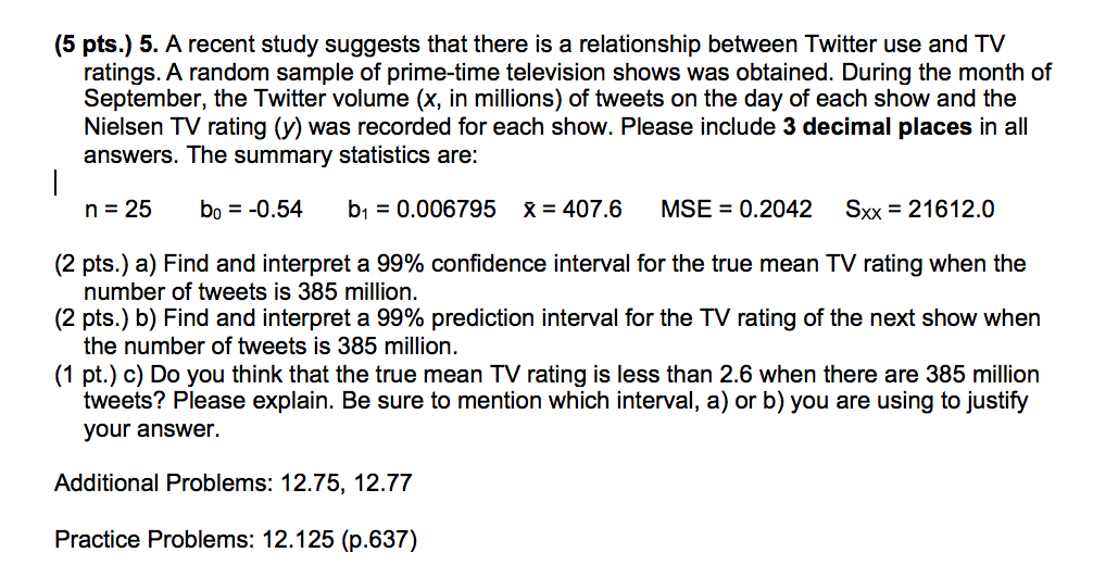 Question: (5 pts.) 5. A recent study suggests that there is a relationship between Twitter use and TV ratin...
