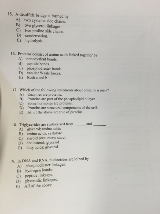 Question: A disulfide bridge is formed by  two cysteine side chains.  two glycerol linkages.  two proline s...
