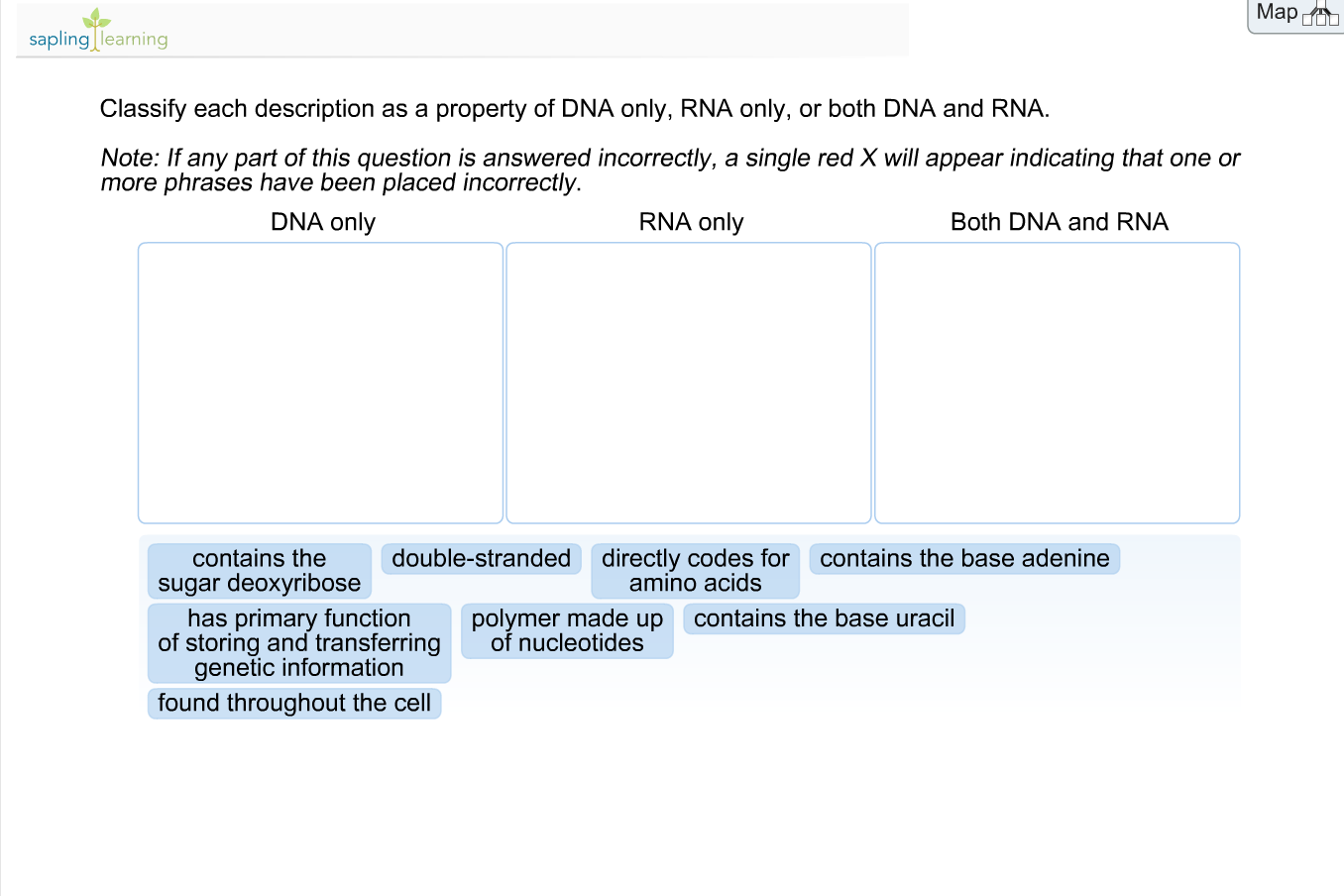 Question: Classify each description as a property of DNA only, RNA only,or both DNA and RNA. Note: If any ...