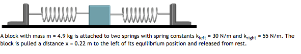 Question: A block with mass m = 4.9 kg is attached to two springs with spring constants kleft-30 N/m and kr...