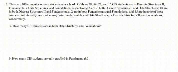 3. There are 100 computer science students at a school. Of these 28, 54, 23, and 15 CIS students are in Discrete Structures II, Fundamentals, Data Structures, and Foundations, respectively; 6 are in both Discrete Structures II and Data Structures; 18 are in both Discrete Structures II and Fundamentals; 2 are in both Fundamentals and Foundations; and 15 are in none of these courses. Additionally, no student may take Fundamentals and Data Structures, or Discrete Structures II and Foundations, concurrently a. How many CIS students are in both Data Structures and Foundations? b. How many CIS students are only enrolled in Fundamentals?