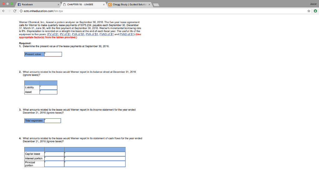 Question: F Facabook xCHAPTER 15 LEASES 、G Chegg Study | Guided Saltiox lason ← e D ezto.mheducation.com.h...