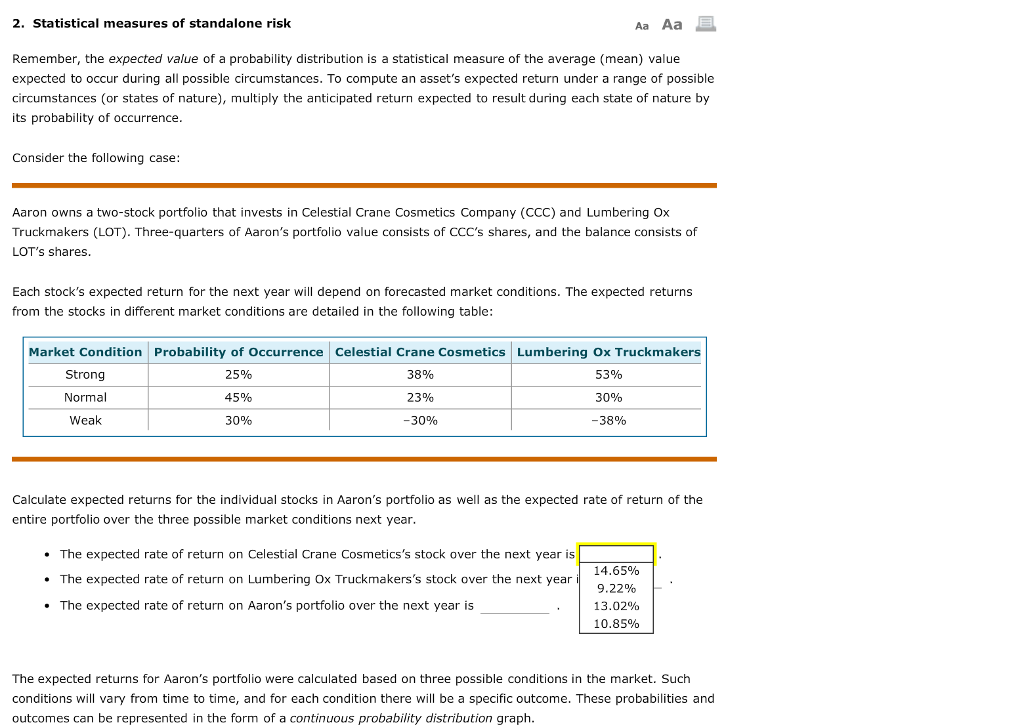 solved 2 statistical measures of standalone risk aa aa r statistical measures
