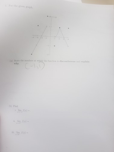 Question: 1For the given graph ) Stote the numbers at which the function is discontisosnd explsi Find i lim )