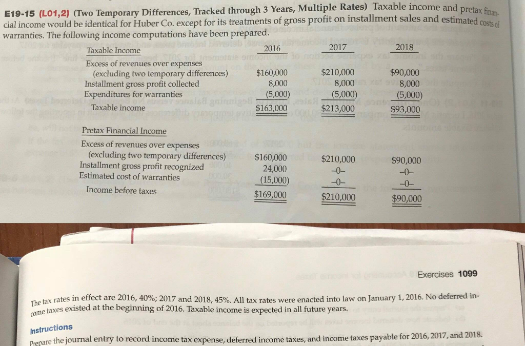 Question: E19-15 (L01,2) (Two Temporary Differences, Tracked through 3 Years, Multiple Rates) Taxable incom...
