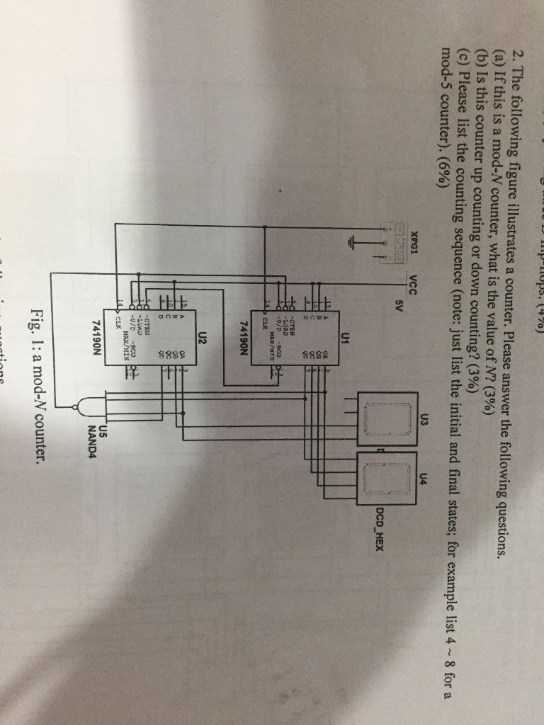 2. The following figure illustrates a counter. Please answer the following questions. (a) If this is a mod-N counter, what is the value of N? (3%) (b) Is this counter up counting or down counting? (3%) (c) Please list the counting sequence (note: just list the initial and final states; for exam mod-5 counter). (6%) U3 U4 5V DCD HEX U1 CLK 74190N U2 MAX/MIN CLK 74190N NAND4 Fig. l: a mod-N counter.