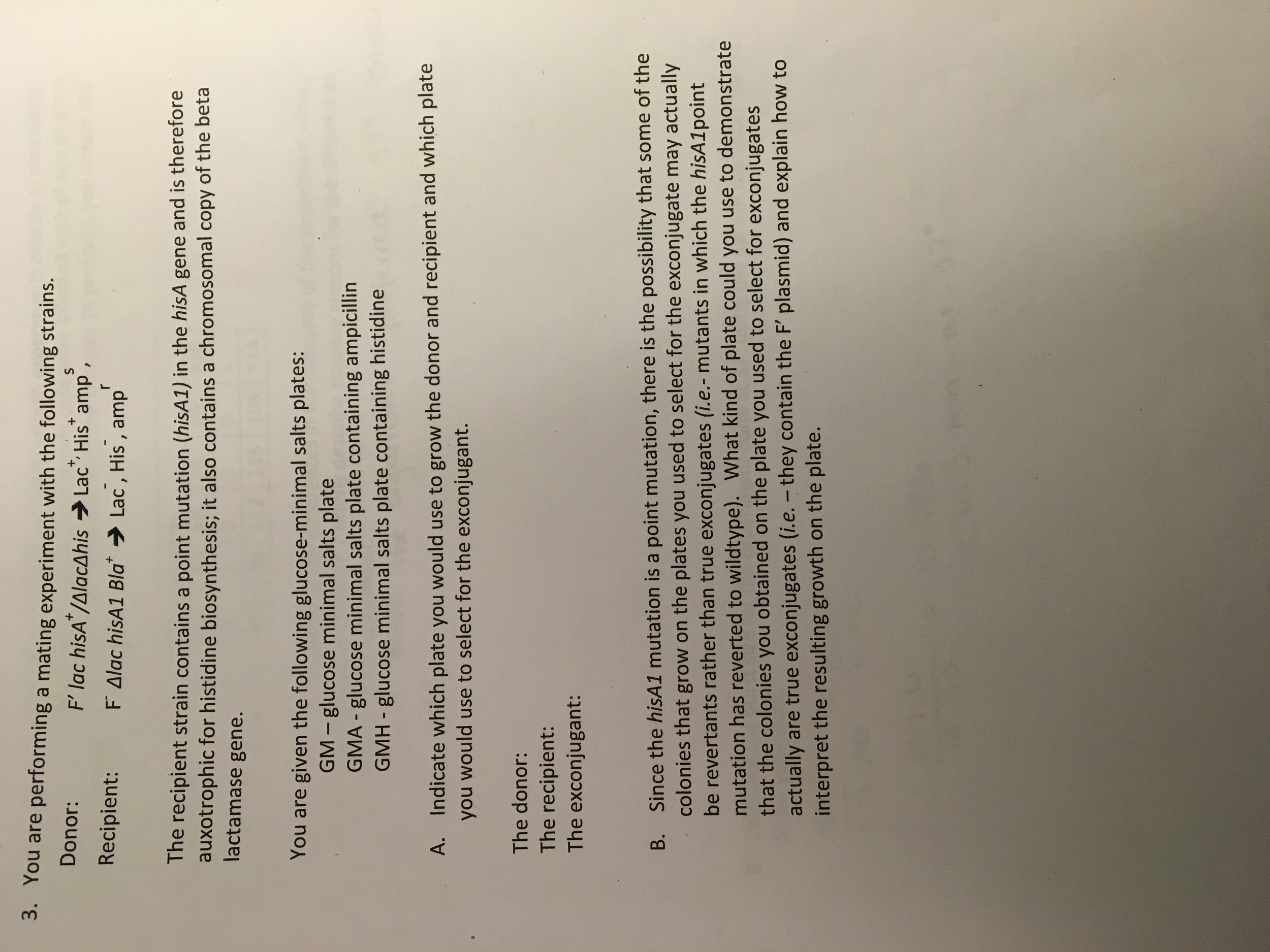 Question: You are performing a mating experiment with the following strains.  Donor: F' lac hisA+/deltaloc ...