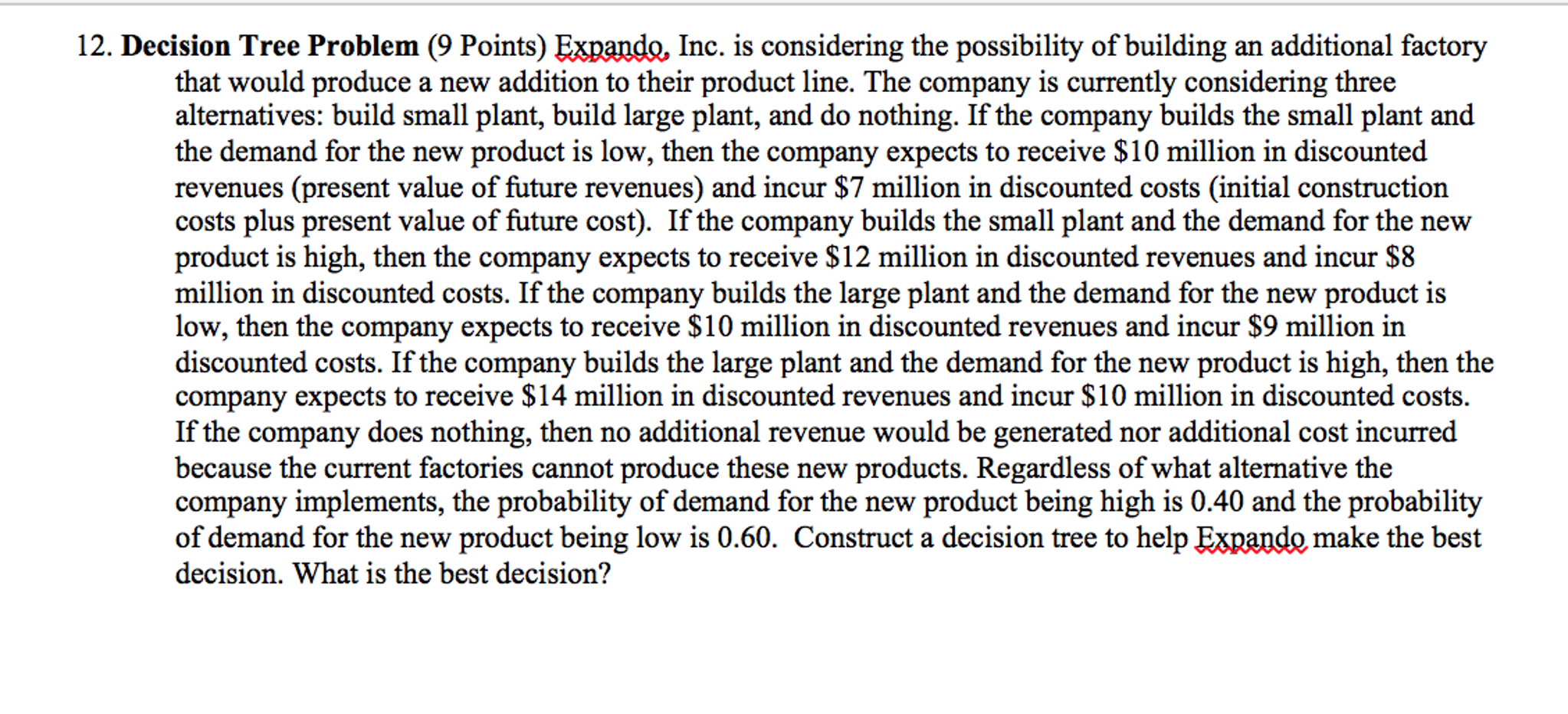 Question: Decision Tree Problem Inc. is considering the possibility of building an additional factory that ...