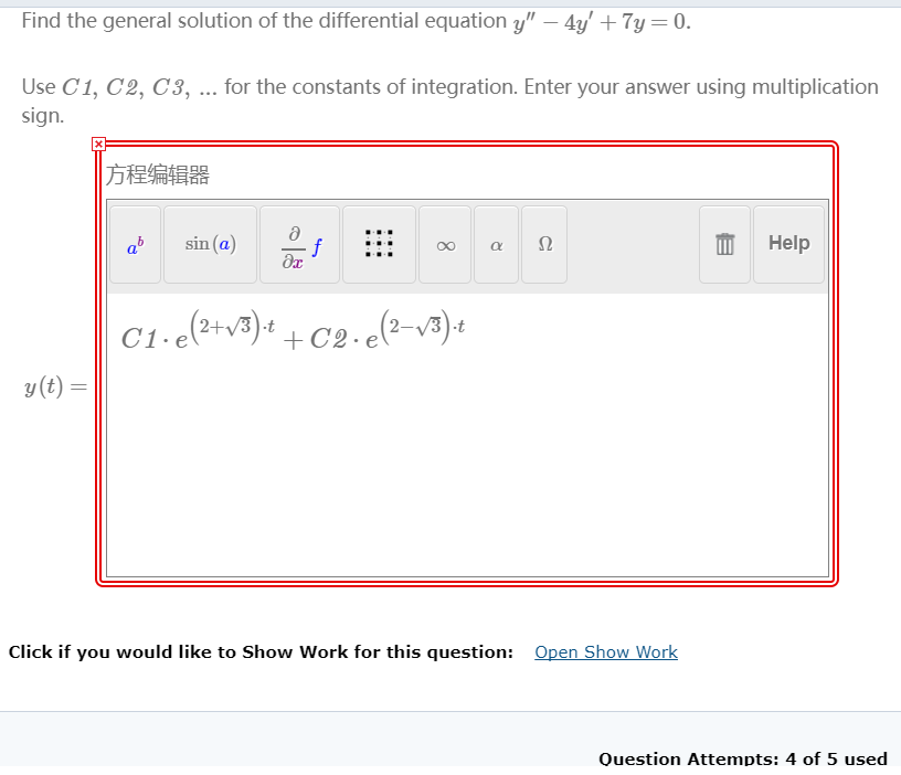 Question: Find the general solution of the differential equation y"- 4y' + 7y 0. Use C1, C2, C3, .. for the...