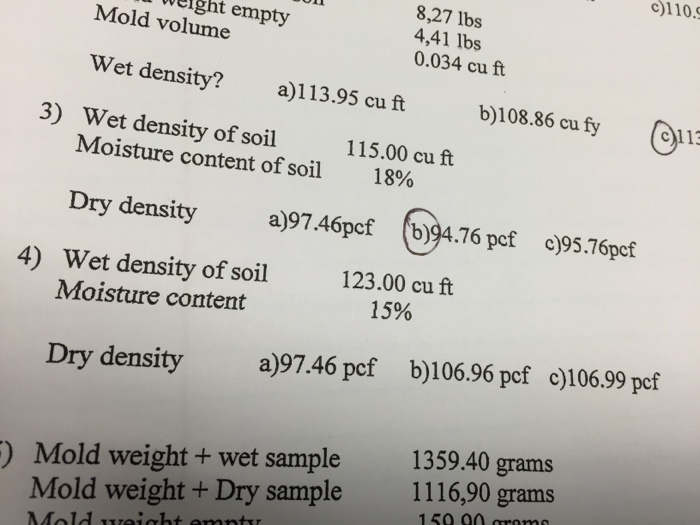 Solved Wet Density? 113.95 Cu Ft 108.86cu Fy Wet Density