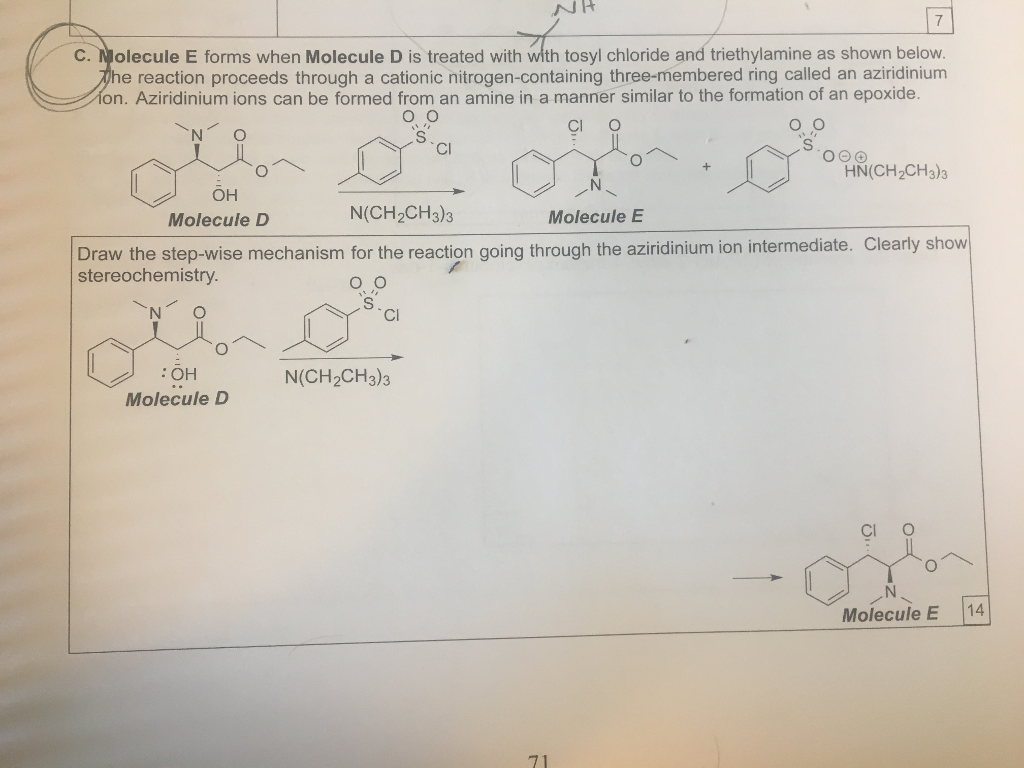 Question: NH 7 C. Molecule E forms when Molecule D is treated with with tosyl chloride and triethylamine as...