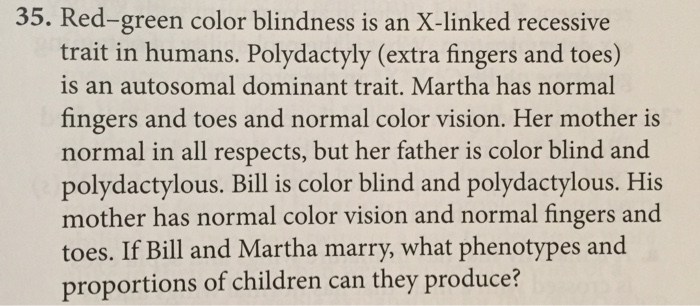 Question: Red-green color blindness is an X-linked recessive trait in humans. Polydactyly (extra fingers an...