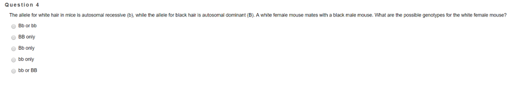 Question: The allele for white hair in mice is autosomal recessive (b), while the allele for black hair is ...