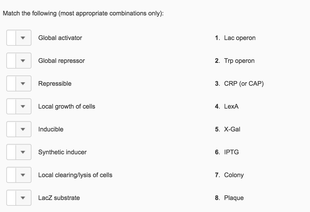 Question: Match the following (most appropriate combinations only):  Global activator  Global repressor  Re...