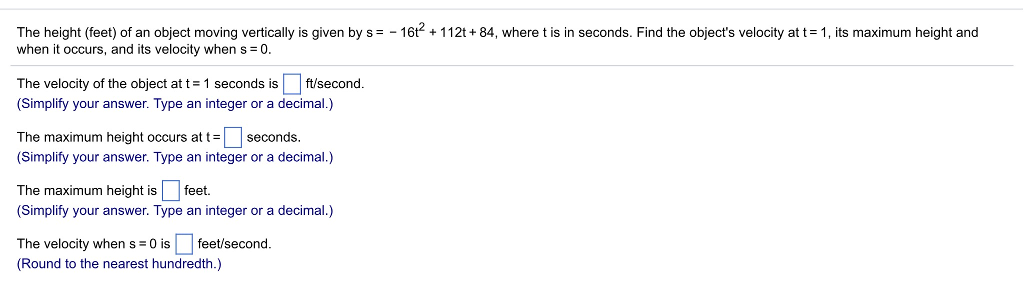 Solved The height (feet) of an object moving vertically is | Chegg.com