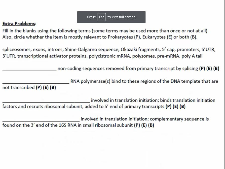 Question: Press Esc to exit full screen Extra Problems: Fill in the blanks using the following terms (some ...