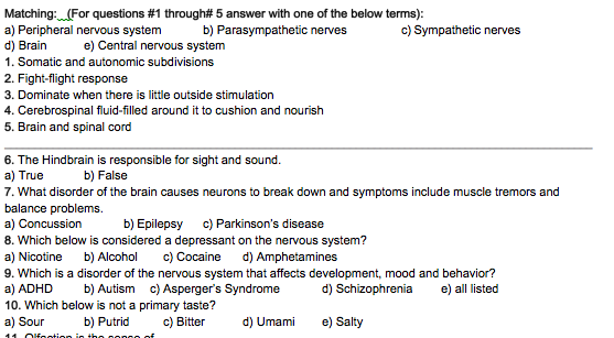 Question: Matching: (For questions #1 through# 5 answer with one of the below terms):  a) Peripheral nervou...