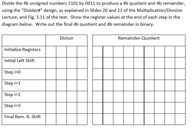 Divide the 4b unsigned numbers 1101 by 0011 to produce a 4b quotient and 4b remainder using the Divide design, as explained in slides 20 and 21 of the Multiplication/Division Lecture, and Fig. 3.11 of the text. Show the register values at the end of each step in the diagram below. Write out the final 4b quotient and 4b remainder in binary. Divisor Remainder-Quotient Initialize Registers Initial Left Shift Step i-0 Step i=1 Step i-2 Step i-3 Final Rem. R. Shift