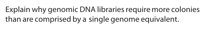 Question: Explain why genomic DNA libraries require more colonies than are comprised by a single genome equ...