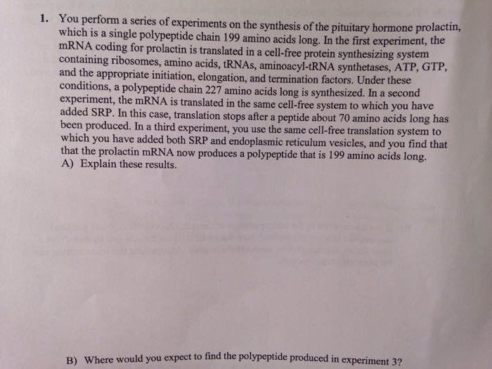 Question: You perform a series of experiments on the synthesis of the pituitary hormone prolactin, which is...