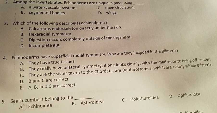 Question: 2. Among the invertebrates, Echinoderms are unique in possessing A. B. a water-vascular system. s...