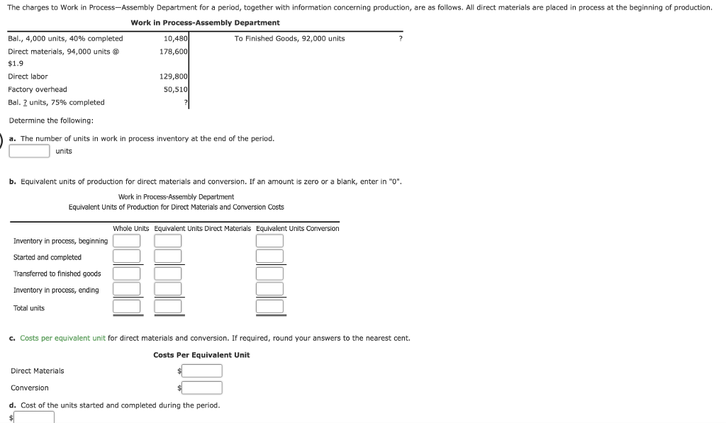 Solved The charges to Work in Process-Assembly Department | Chegg.com