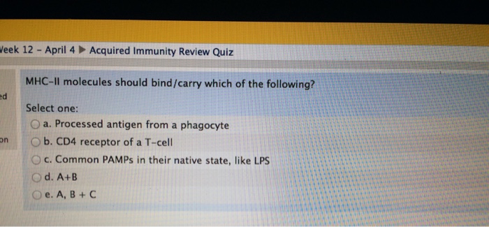 Question: Molecules should bind/carry which of the following?  Select one:  Processed antigen from a phagoc...