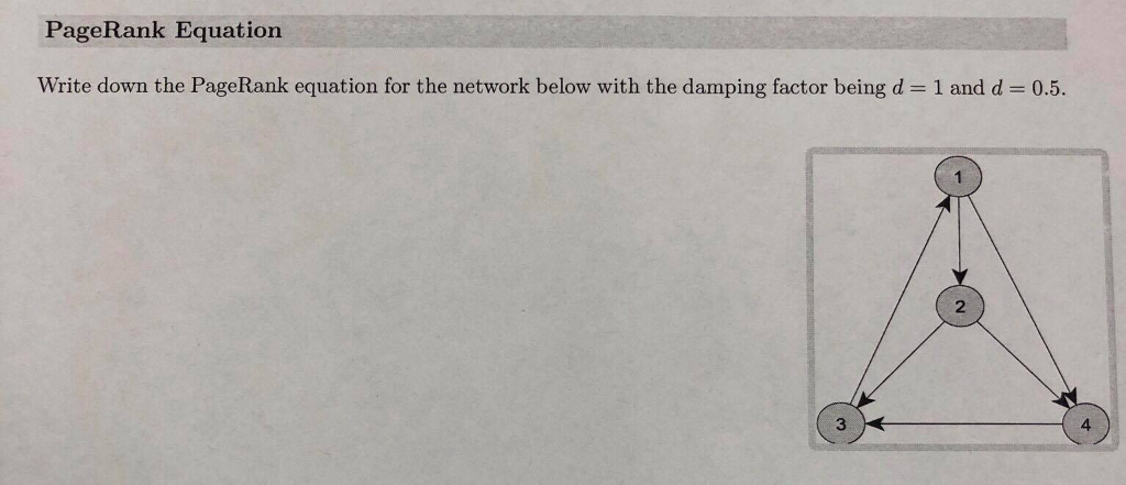 PageRank Equation Write down the PageRank equation for the network below with the damping factor being d = 1 and d = 0.5.