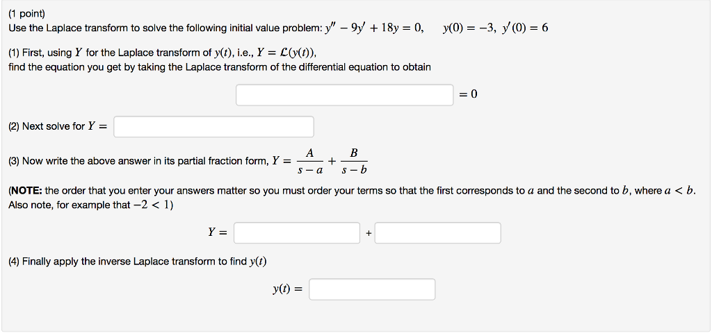 Question: (1 point) Use the Laplace transform to solve the following initial value problem: y" - 9y 18y 0, ...