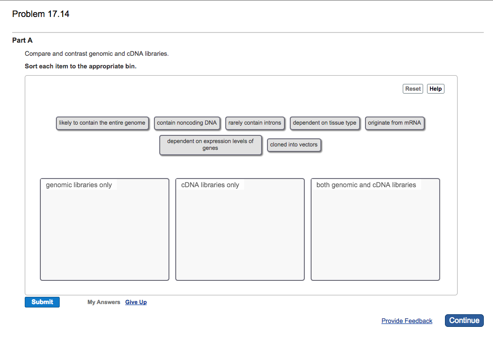 Question: Compare and contrast genomic and cDNA libraries.  Sort each item too the appropriate bin.