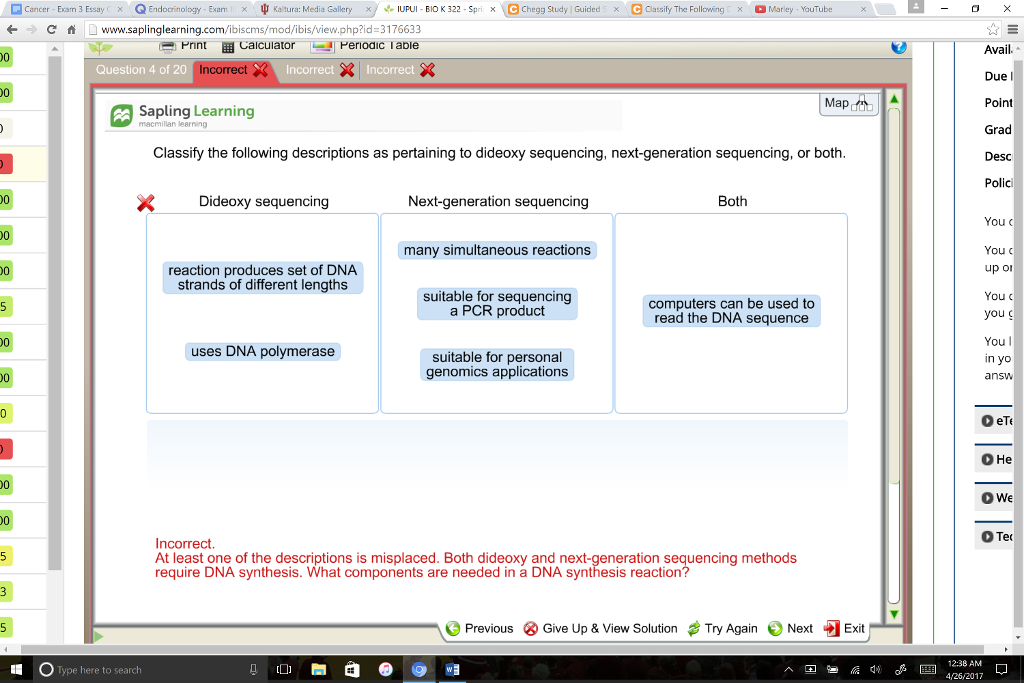 Question: Classify the following descriptions as pertaining to dideoxysequencing, next-generation sequenci...