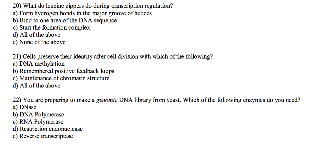 Question: What do leucine zippers do during transcription regulation?  a) Form hydrogen bonds in the major ...