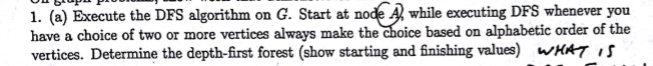 1. (a) Execute the DFS algorithm on G. Start at have a choice of two or more vertices always make the choice based on alphabetic order of the vertices. Determine the depth-first forest (show starting and finishing values) HAT while executing DFS whenever you