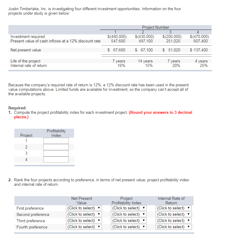 Justin Timberlake, Inc. is investigating four different investment opportunities. Information on the four projects under study is given below ect Number Investment required S(480,000) $(430,000) $(200,000) (470,000) 497,100 251,020 Present value of cash inflows at a 12% discount rate Net present value Life of the project 547,680 607,400 $ 67,680 $ 67,100 51,020 $ 137,400 years 16% 14 years 15% years 20% 4 years 25% Internal rate of return Because the companys required rate of return is 12%, a 12% discount rate has been used in the present value computations above. Limited funds are available for investment, so the company cant accept all of the available projects Required 1. Compute the project profitability index for each investment project. (Round your answers to 3 decimal places.) Profitability Index Project 2. Rank the four projects according to preference, in terms of net present value, project profitability index and internal rate of return Net Present Project Internal Rate of Value Profitability Index (Click to select) ▼ (Click to select) ▼ (Click to select) ▼ (Click to select) Return (Click to select) (Click to select) ▼ (Click to select) ▼ (Click to select) (Click to select) (Click to select) ▼ (Click to select) ▼ (Click to select) First preference Second preference hird preference Fourth preference 