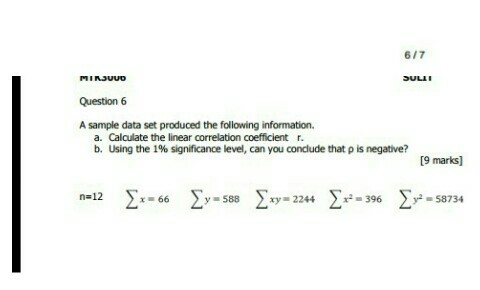 Question: 617 Question 6 A sample data set produced the following information. a. Calculate the linear corr...
