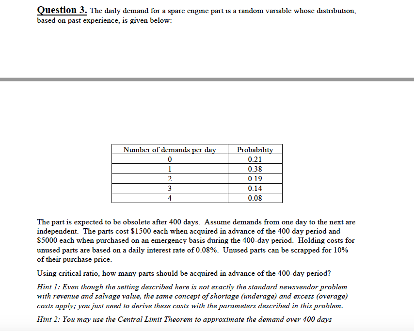 Question: Question 3. The daily demand for a spare engine part is a random variable whose distribution, bas...