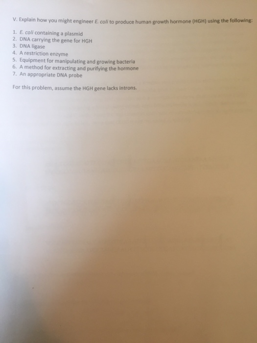 Question: Explain how you might engineer E. coli to produce human growth hormone (HGH) using the following....