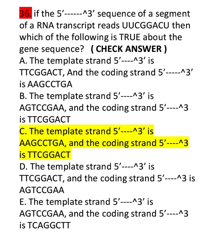 Question: If the 5'------^3' sequence of a segment of a RNA transcript reads UUCGGACU then which of the fol...