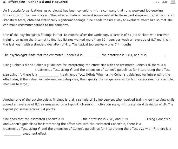 Solved 5. Effect size Cohen&rsquo;s d and r squared An | Chegg.com