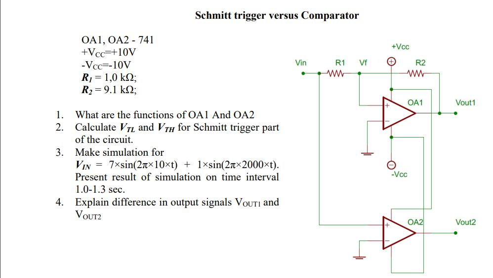 Solved Schmitt Trigger Versus Comparator OA1 OA2 741 Vcc Chegg