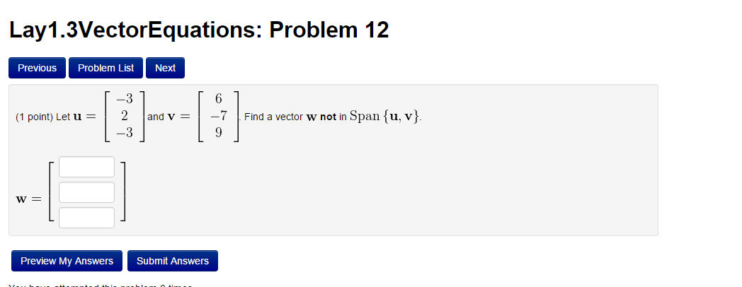 Solved Let U And V Find A Vector W Not In Span U V Chegg