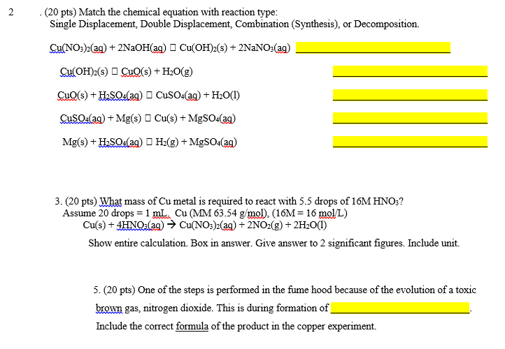 Solved Match The Chemical Equation With Reaction Type Si...