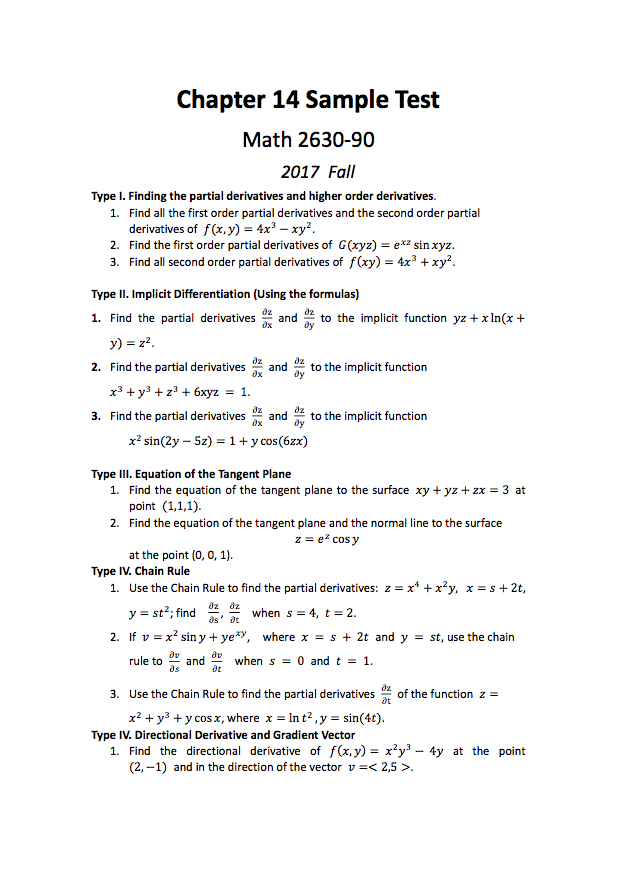 シン Solved Chapter 14 Sample Test Math 2630-90 2017 Fall Type I