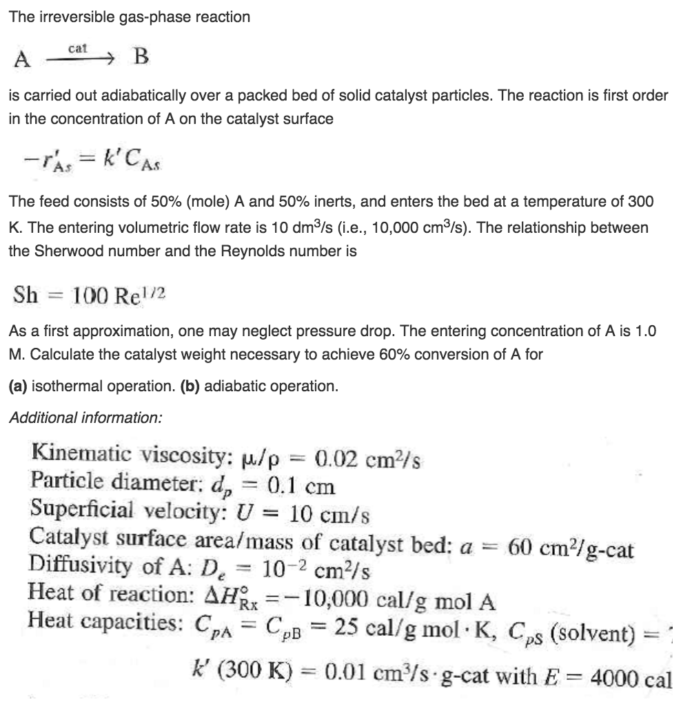 Solved The Irreversible Gas Phase Reaction Is Carried Out Chegg