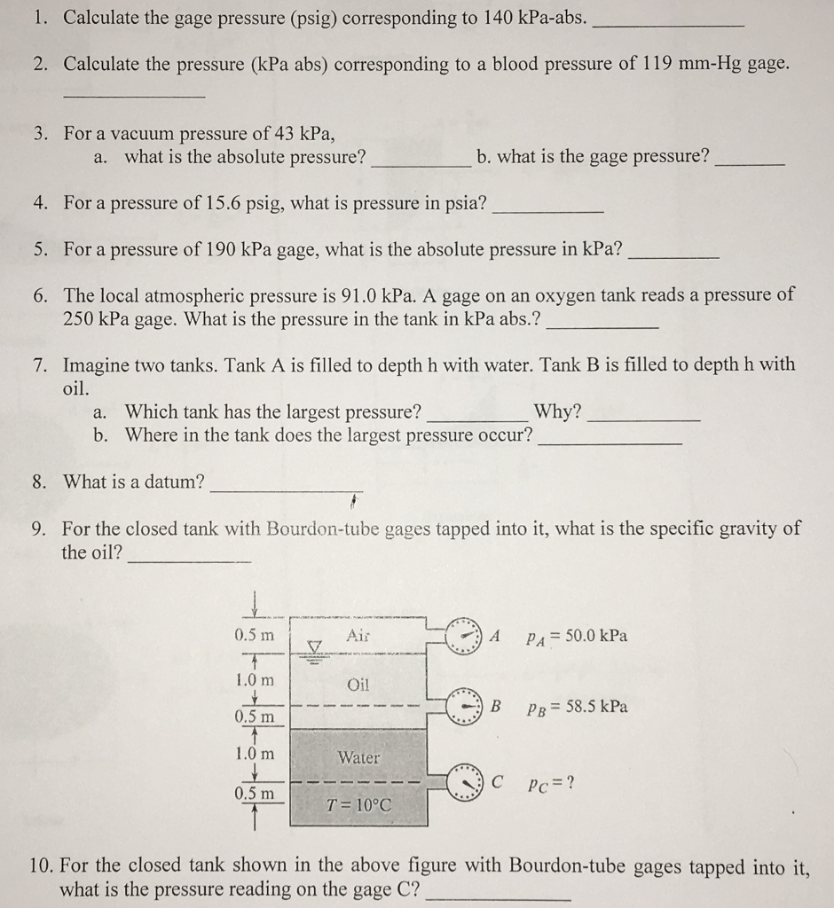 Solved Calculate The Gage Pressure Psig Corresponding To Chegg